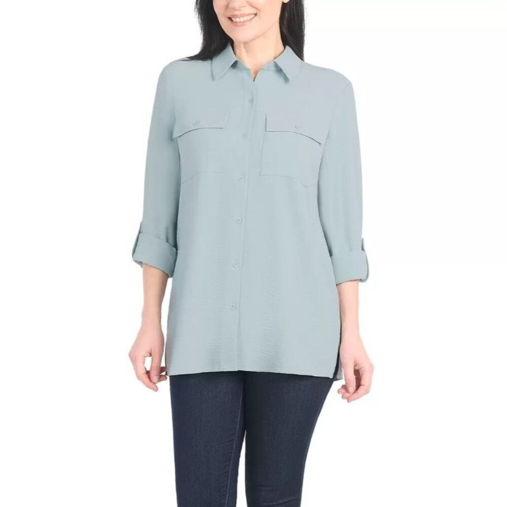 Hilary Radley Womans XS Button-up Shirt Pocket Top Roll Tab Long Sleeve Shacket